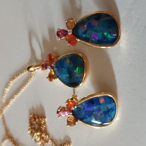 Mosaic opal and sapphire necklace and earrings set 925